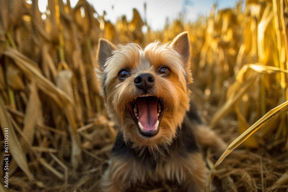 Group portrait photography of a funny yorkshire terrier barking against corn mazes background. With generative AI technology