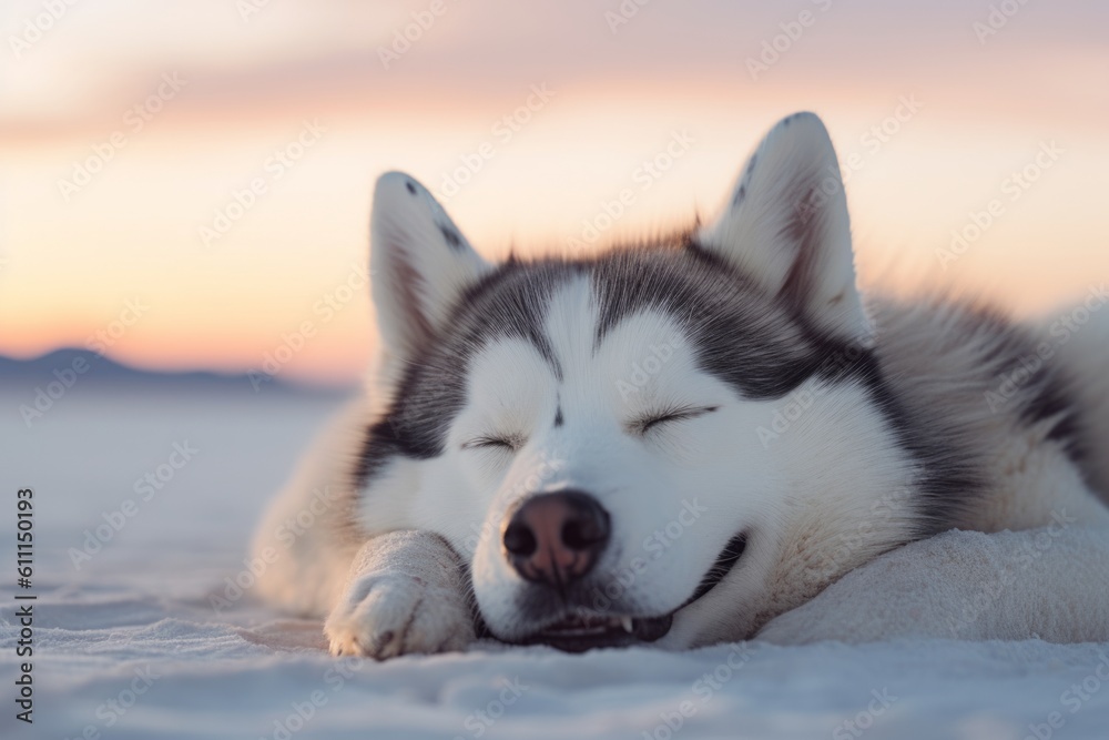 Close-up portrait photography of a happy siberian husky sleeping against salt flats background. With generative AI technology