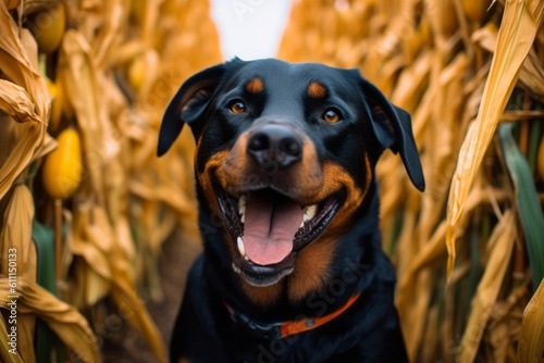 Lifestyle portrait photography of a funny rottweiler being at an art gallery against corn mazes background. With generative AI technology