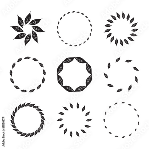 Collection of floral nordic decorative frames isolated on white background. Group of monochrome wreaths in foliate style vector graphics.