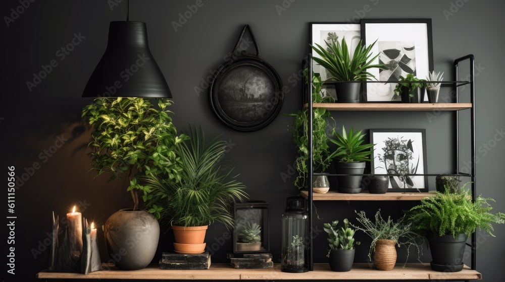 Mockup interior of a black frame with a wooden shelf holding chili plants. Generative AI Mockup interior of a black frame with a wooden shelf holding chili plants. Generative AI