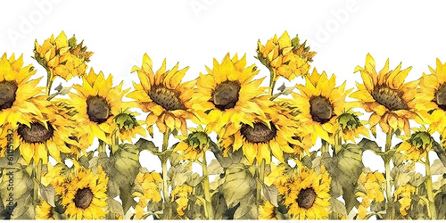 tiled watercolor sunflower  borders with transparent background- repeating edge to edge. generative AI 