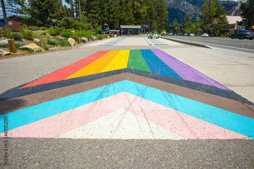 Pride Flag painted on sidewalk in South Lake Tahoe for Pride Month 