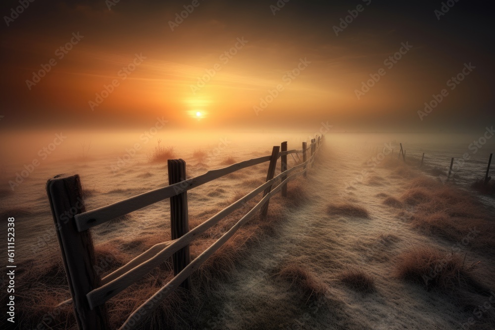 Obraz premium fence in a misty landscape with a dramatic sunset in the background. Generative AI
