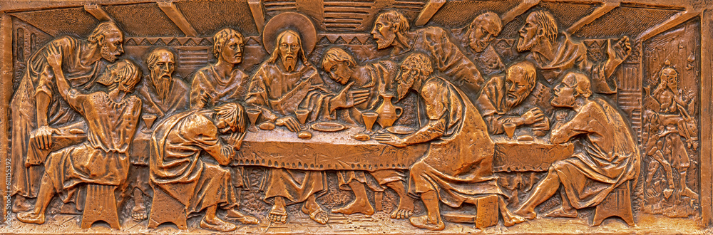 Title: NAPLES, ITALY - APRIL 23, 2023: The bronze relief of Last supper in chapel of the church Chiesa di San Giovanni a Carbonara by Luigi Feretti (1965).