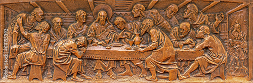 Title: NAPLES, ITALY - APRIL 23, 2023: The bronze relief of Last supper in ch...
