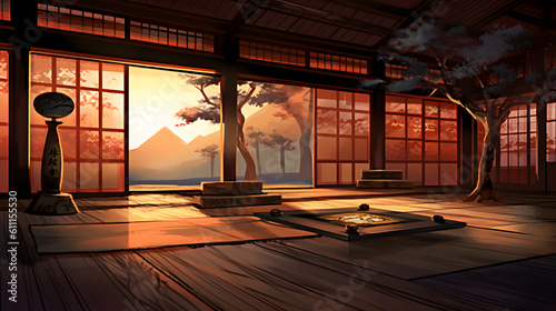 Japanese dojo with dramatic lighting. AI Generated