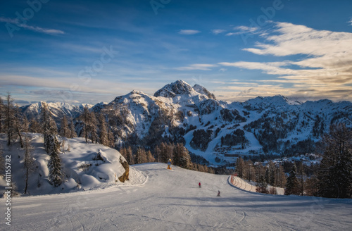 Mountain ski resort Nassfeld near Hermagor, Austria - morning view of well prepared slopes with no people. January 2022 photo