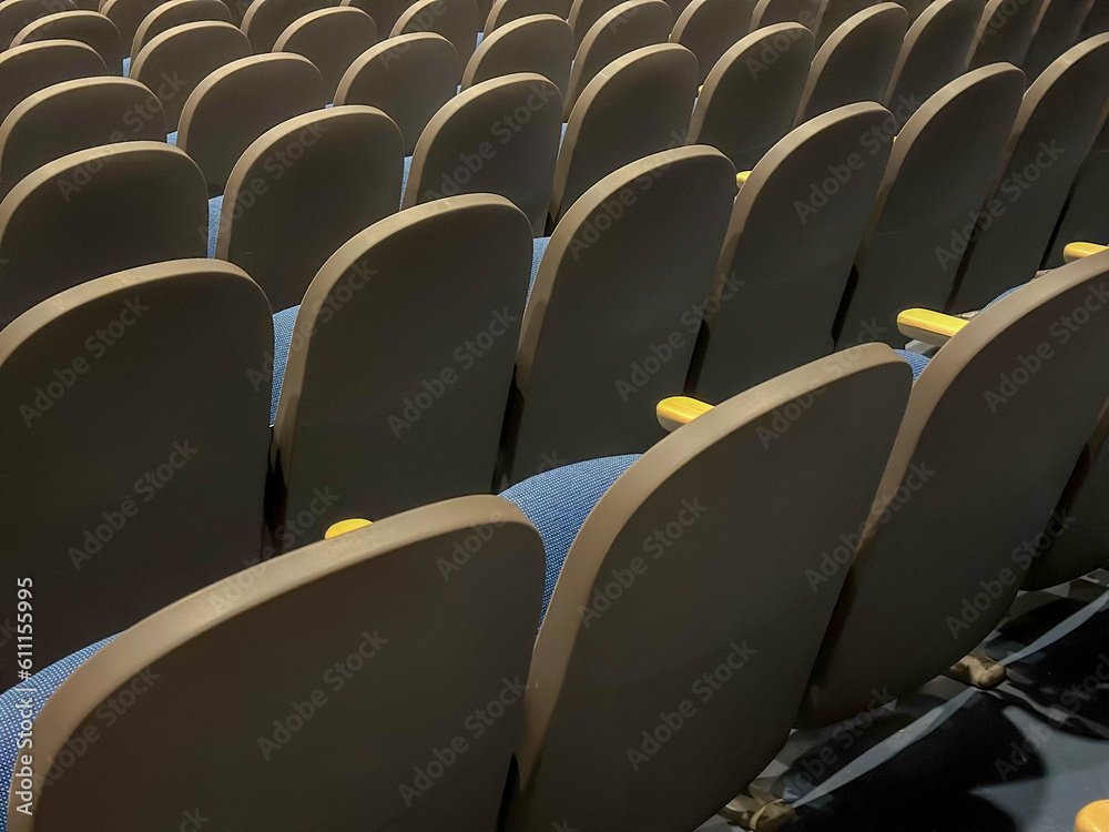 Fototapeta premium Empty gray and blue theater, auditorium seats, chairs. 