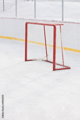 Hockey nets on outdoor skating rink.