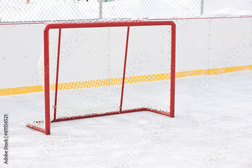 Hockey nets on outdoor skating rink.