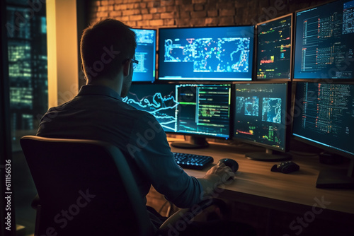 Programmer working on computers with multiple monitors