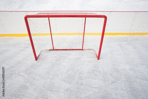 Hockey nets on outdoor skating rink.