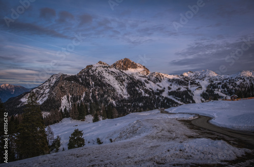 Alpenglow at sunset time on mountain peak at Nassfeld ski resort  Carinthia  Austria. January 2022