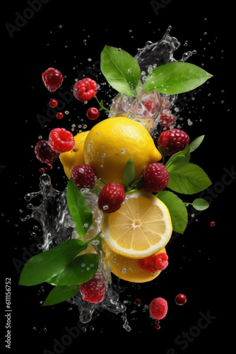 Lemon and raspberries  refreshing  clean  with water splash. Generative AI.