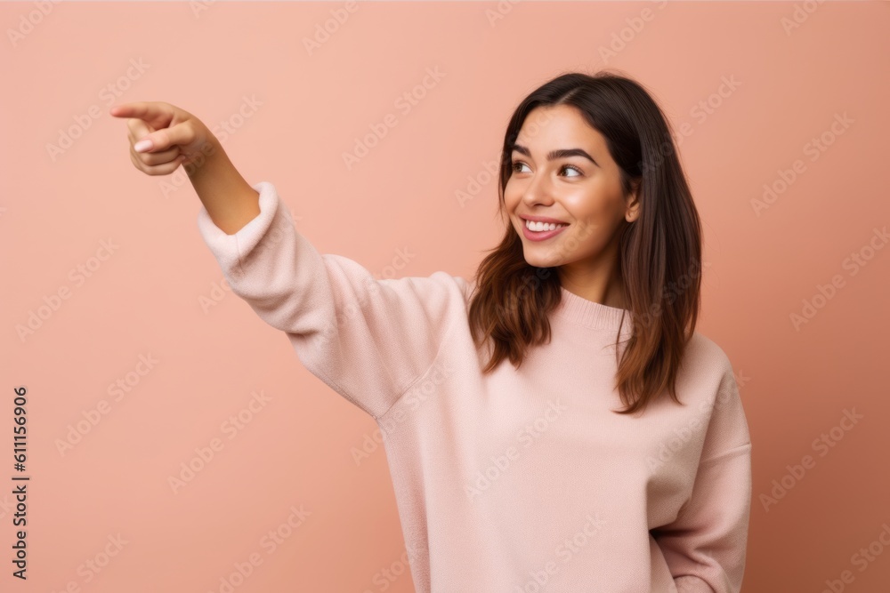 Environmental portrait photography of a satisfied girl in her 30s pointing up against a pastel or soft colors background. With generative AI technology Environmental portrait photography of a satisfied girl in her 30s pointing up against a pastel or soft colors background. With generative AI technology