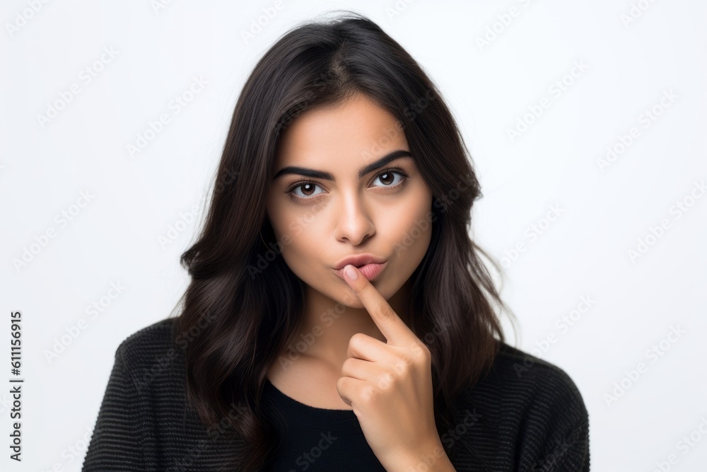 Medium shot portrait photography of a glad girl in her 20s making a silence gesture by putting the index finger on the lips against a white background. With generative AI technology Medium shot portrait photography of a glad girl in her 20s making a silence gesture by putting the index finger on the lips against a white background. With generative AI technology