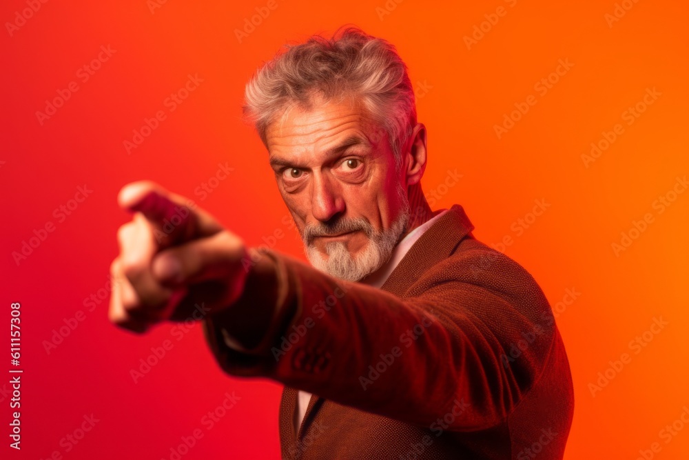 Medium shot portrait photography of a satisfied mature man pointing at oneself with the index finger against a fiery red background. With generative AI technology