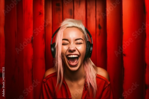 Conceptual portrait photography of a joyful girl in her 20s covering one's ears against a fiery red background. With generative AI technology