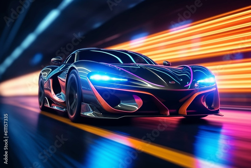 Futuristic Sports Car On Neon Highway Generative AI © Mkorobsky