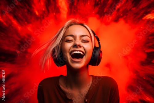Conceptual portrait photography of a joyful girl in her 20s covering one's ears against a fiery red background. With generative AI technology