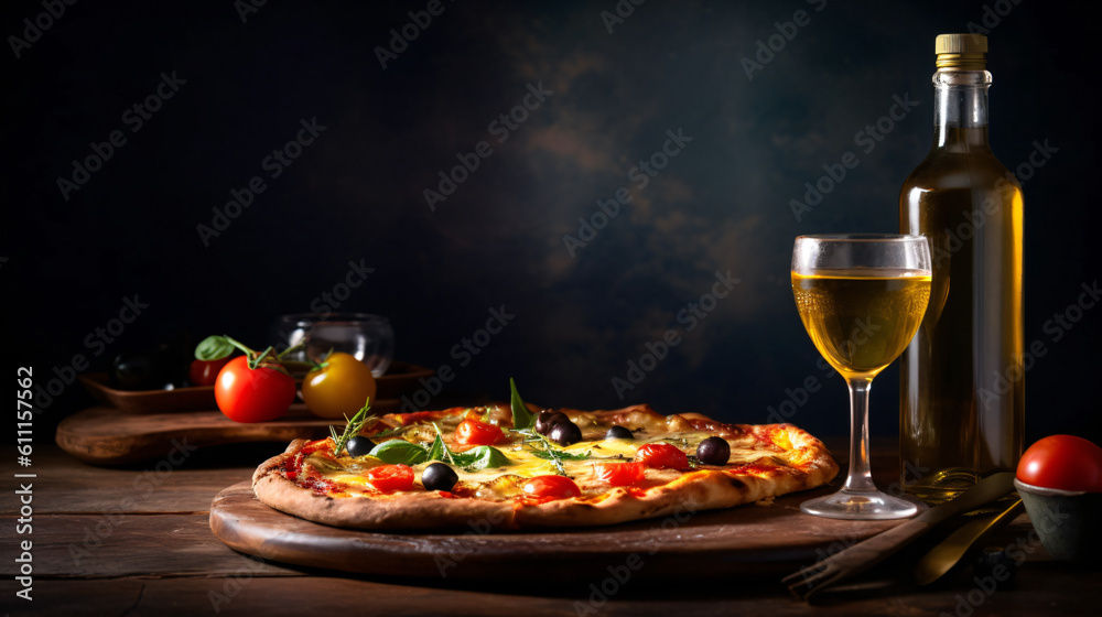 a black slate with hot italian pizza with olives and tomatoes, a bottle and a glas of wine on the right side