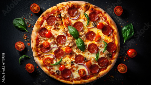 top view on a  hot original italian pizza with basil, salami and tomatoes photo