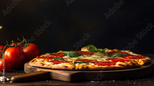 a black slate with hot italian pizza with mozzarella and tomatoes