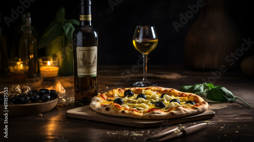 a black slate with hot italian pizza with olives , a bottle and a glas of wine on the left side