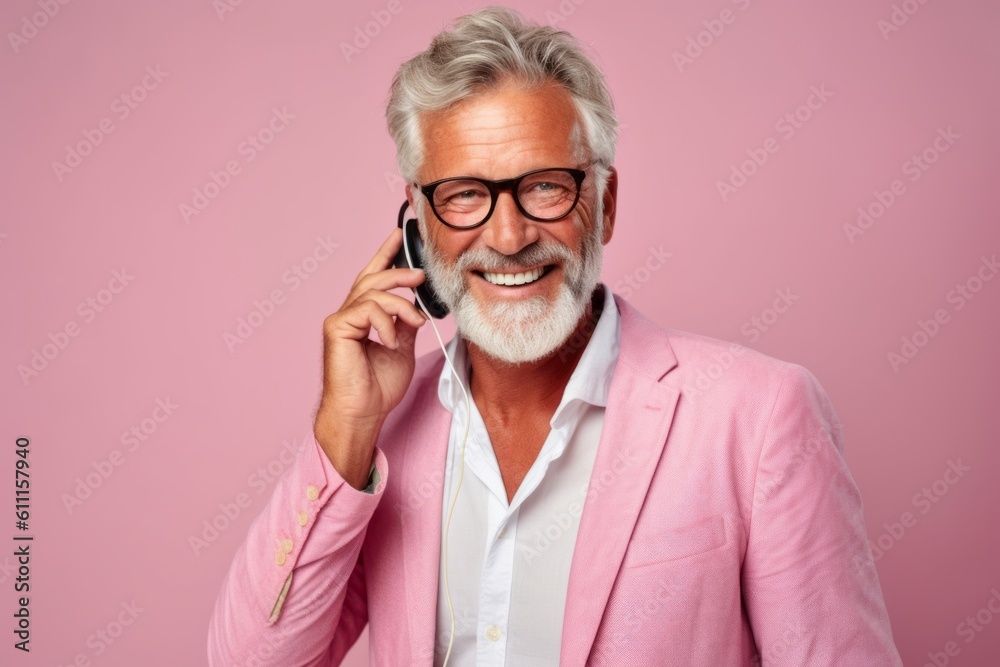 Headshot portrait photography of a joyful mature man making a telephone call gesture with the hand against a pastel pink background. With generative AI technology Headshot portrait photography of a joyful mature man making a telephone call gesture with the hand against a pastel pink background. With generative AI technology