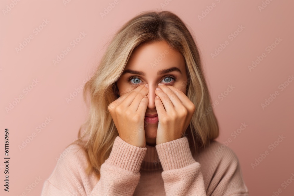 Headshot portrait photography of a glad girl in her 20s covering one's eyes against a pastel pink background. With generative AI technology Headshot portrait photography of a glad girl in her 20s covering one's eyes against a pastel pink background. With generative AI technology