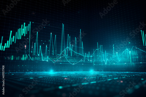 graph design, statistical diagram neon blue lighting with financial indicators of stock market and investment. AI generated