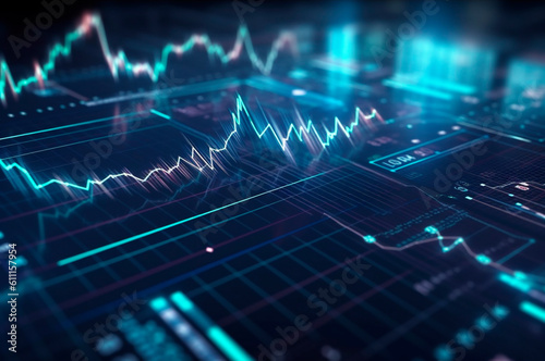 graph design, statistical diagram neon blue lighting with financial indicators of stock market and investment. AI generated