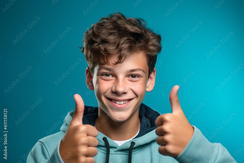 Headshot portrait photography of a grinning boy in his 20s raising both thumbs up against a turquoise blue background. With generative AI technology Headshot portrait photography of a grinning boy in his 20s raising both thumbs up against a turquoise blue background. With generative AI technology