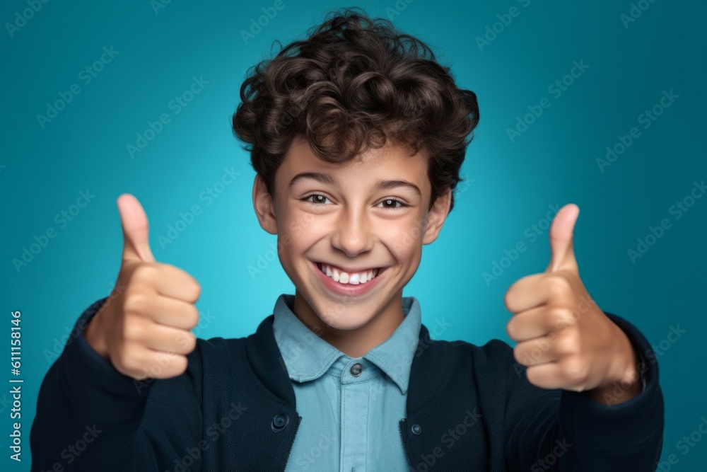 Headshot portrait photography of a grinning boy in his 20s raising both thumbs up against a turquoise blue background. With generative AI technology Headshot portrait photography of a grinning boy in his 20s raising both thumbs up against a turquoise blue background. With generative AI technology