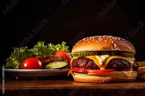 delicious fresh hot triple - large burger with french fries 