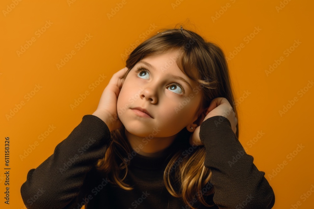 Photography in the style of pensive portraiture of a grinning kid female scratching one's head in a gesture of confusion against a bright orange background. With generative AI technology Photography in the style of pensive portraiture of a grinning kid female scratching one's head in a gesture of confusion against a bright orange background. With generative AI technology