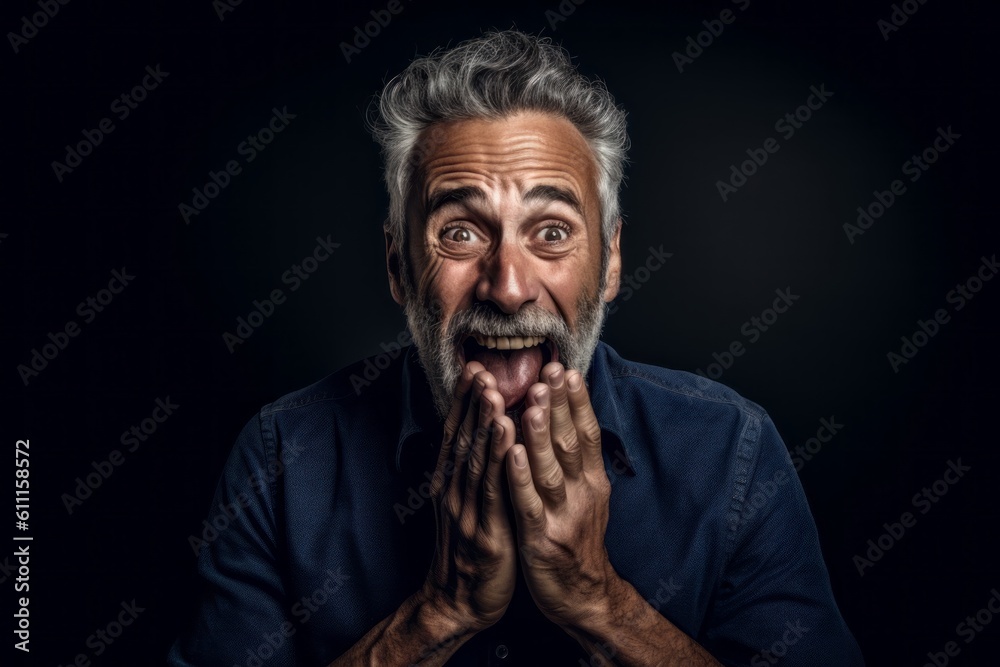 Fototapeta premium Medium shot portrait photography of a satisfied mature man making a surprise gesture by covering one's mouth against a deep indigo background. With generative AI technology