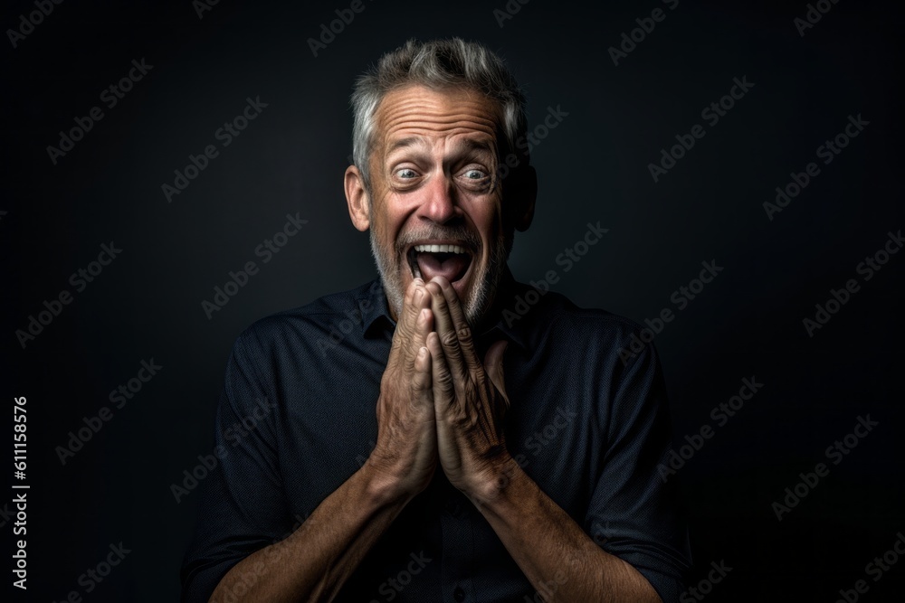 Fototapeta premium Medium shot portrait photography of a satisfied mature man making a surprise gesture by covering one's mouth against a deep indigo background. With generative AI technology