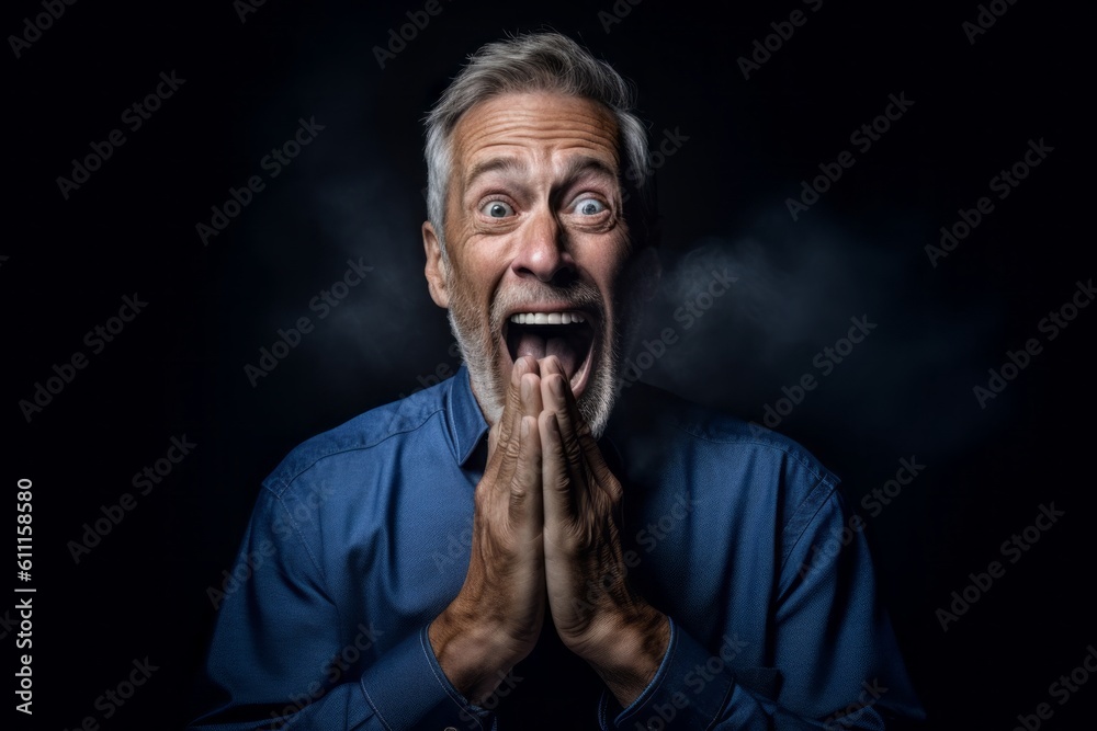 Fototapeta premium Medium shot portrait photography of a satisfied mature man making a surprise gesture by covering one's mouth against a deep indigo background. With generative AI technology