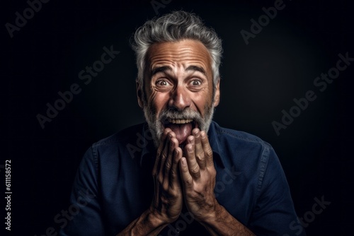 Medium shot portrait photography of a satisfied mature man making a surprise gesture by covering one's mouth against a deep indigo background. With generative AI technology © Markus Schröder