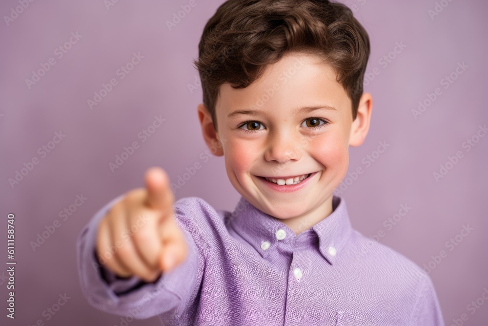 Close-up portrait photography of a grinning boy in his 30s pointing up against a soft lavender background. With generative AI technology Close-up portrait photography of a grinning boy in his 30s pointing up against a soft lavender background. With generative AI technology
