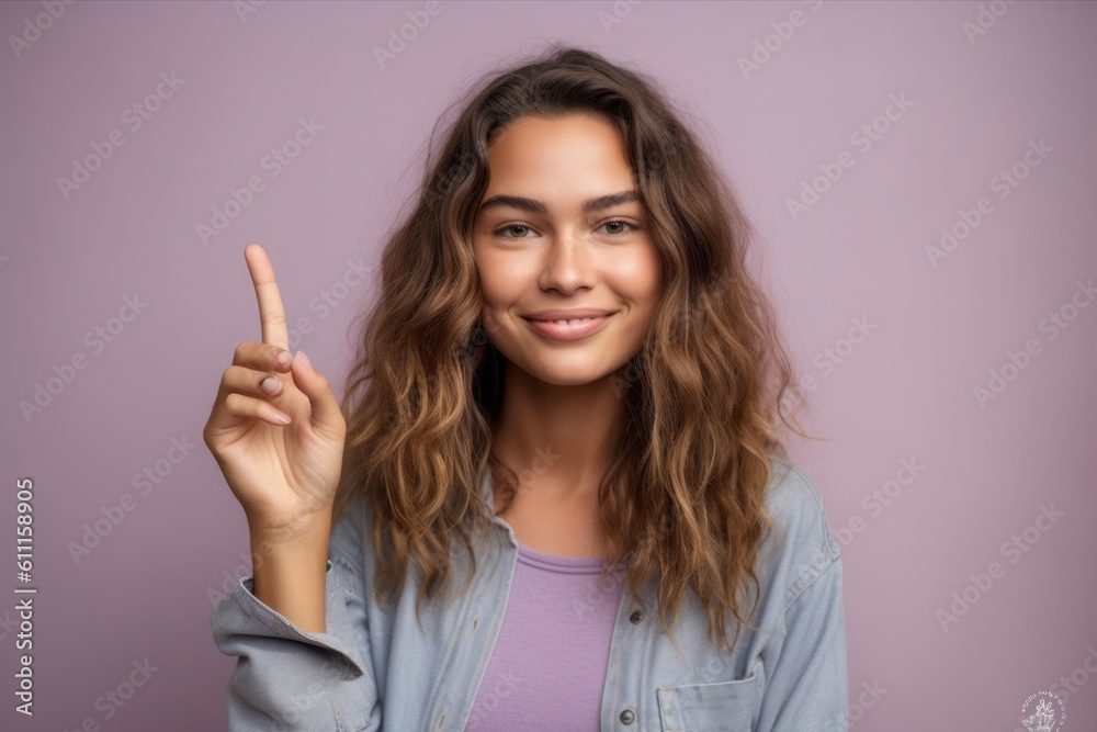 Close-up portrait photography of a satisfied girl in her 20s making a peace gesture with two fingers against a soft lavender background. With generative AI technology Close-up portrait photography of a satisfied girl in her 20s making a peace gesture with two fingers against a soft lavender background. With generative AI technology