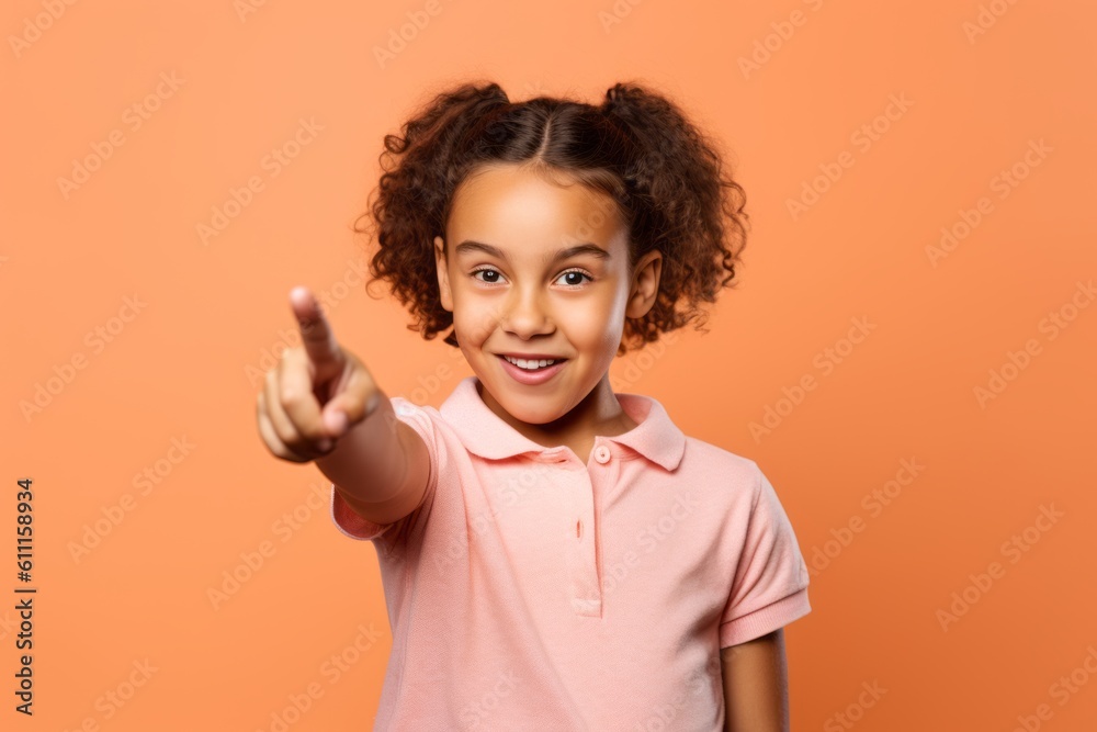 Close-up portrait photography of a happy kid female making a i have an idea gesture with a finger up against a peachy pink background. With generative AI technology Close-up portrait photography of a happy kid female making a i have an idea gesture with a finger up against a peachy pink background. With generative AI technology