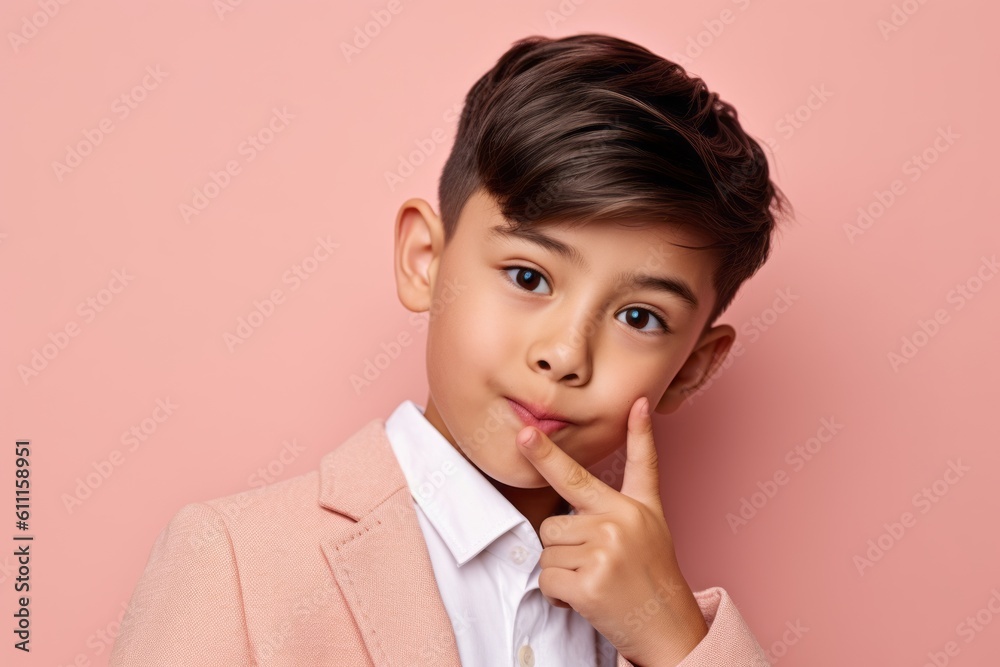 Close-up portrait photography of a joyful kid male making a silence gesture by putting the index finger on the lips against a peachy pink background. With generative AI technology Close-up portrait photography of a joyful kid male making a silence gesture by putting the index finger on the lips against a peachy pink background. With generative AI technology