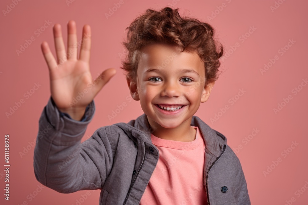 Medium shot portrait photography of a happy boy in his 30s waving with the hand against a peachy pink background. With generative AI technology Medium shot portrait photography of a happy boy in his 30s waving with the hand against a peachy pink background. With generative AI technology