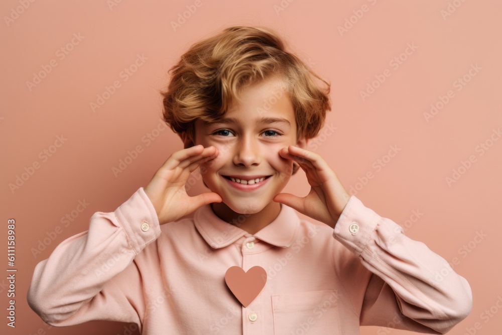 Medium shot portrait photography of a satisfied boy in his 30s making a heart with the hands against a peachy pink background. With generative AI technology Medium shot portrait photography of a satisfied boy in his 30s making a heart with the hands against a peachy pink background. With generative AI technology