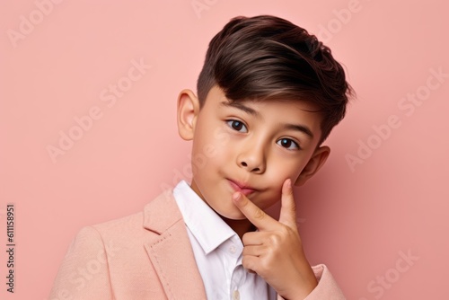 Close-up portrait photography of a joyful kid male making a silence gesture by putting the index finger on the lips against a peachy pink background. With generative AI technology