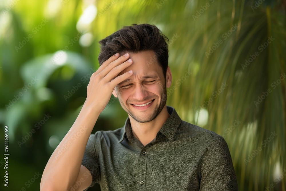 Headshot portrait photography of a grinning boy in his 30s holding the hand on the forehead in a headache gesture against a lime green background. With generative AI technology Headshot portrait photography of a grinning boy in his 30s holding the hand on the forehead in a headache gesture against a lime green background. With generative AI technology