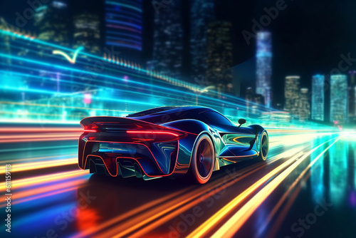 Futuristic Sports Car On Neon Highway Generative AI
